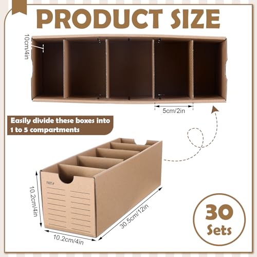 Image of Teenyyou 30 Sets Cardboard Parts Bins Boxes Kraft Cardboard Storage Bins with Dividers for Parts Shelves Stem Project Online Store Inventory Organized(Brown,12 x 4 x 4 Inches)