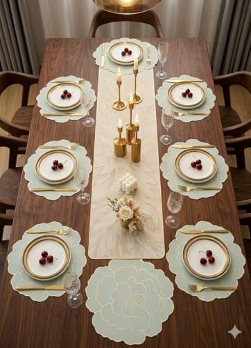 Image of Dining Table Mat and Runner Set for Home Kitchen Reusable Placemat Combo Set for Everyday Dining Use and Table Setup (peral Rose + Modern ractangle Runner, Pack of 9 (8+1))