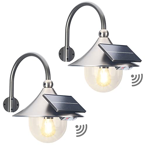 UOOIUMOY 2 Pack Solar Barn Lights Outdoor with 3 Lighting Modes, Dusk to Dawn Rustic Vintage LED Solar Wall Lantern Waterproof, Motion Sensor Porch Light Wall Mount for Garage Garden Shed Patio Yard