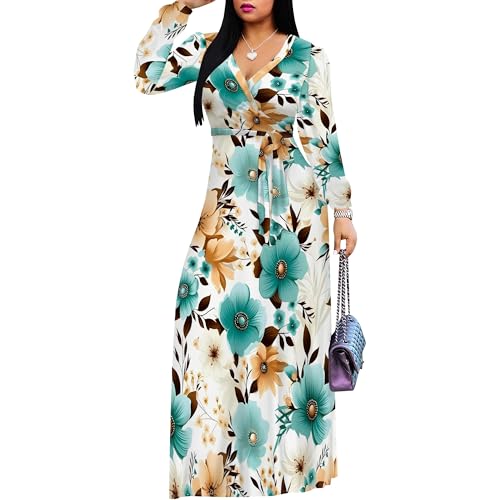 Image of Women's Maxi Dresses Plus Size Formal Long Sleeve Wrap Dress Winter Church Boho Bohemian Floral Wedding Guest