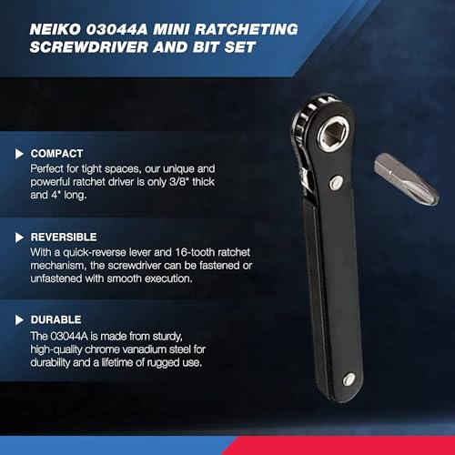 Image of NEIKO 03044A 1 /4-Inch Drive Mini Ratchet Screwdriver Set, 8 Pc, Cr-V Steel, Tight Reach, 90 Degree Screwdriver, Low Profile, Close Quarter, Right Angle Offset, Short Phillips, Slotted, Torx Star