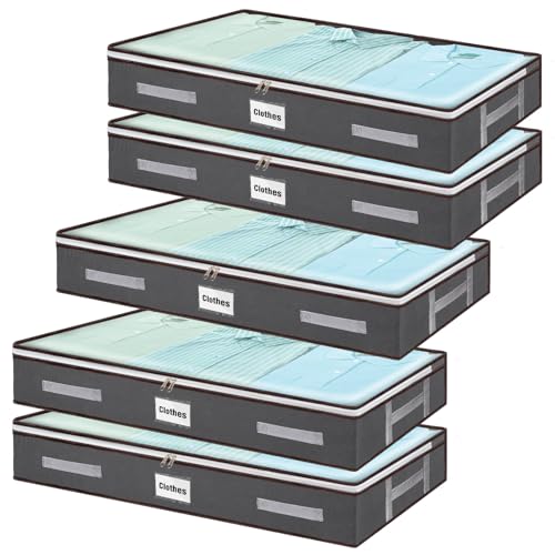 wsryx Confezione da 5 scatole portaoggetti da mettere sotto il letto, con coperchio, pieghevoli, con cerniere, in plastica, con finestra trasparente, per camera da letto e divano