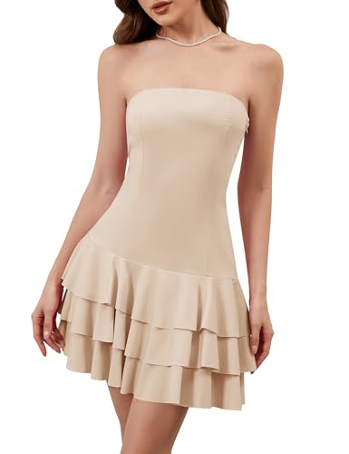 Image of Meladyan Women's 2025 Summer Strapless Tube Dress Sexy Off Shoulder Ruffle Tiered Flowy Mini Dresses Apricot