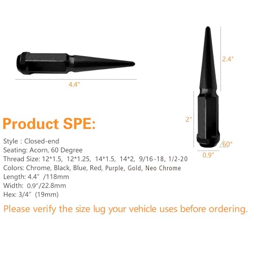 Image of 20PCS 4.4 inch Length 14x1.5 Black Wheel Spike Lug Nuts,Cone /Conical Bulge Seat,Closed End Nuts with 1 Socket Key and Gift Set 4 Pcs Black Aluminum Tires Valve Stem Cover Caps