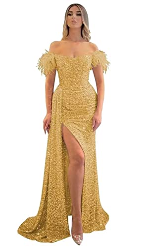 MuXiuFC Feather Sequin Prom Dresses 2023 Long Off Shoulder Formal Evening Party Bridesmaid Gown for Wedding with Slit
