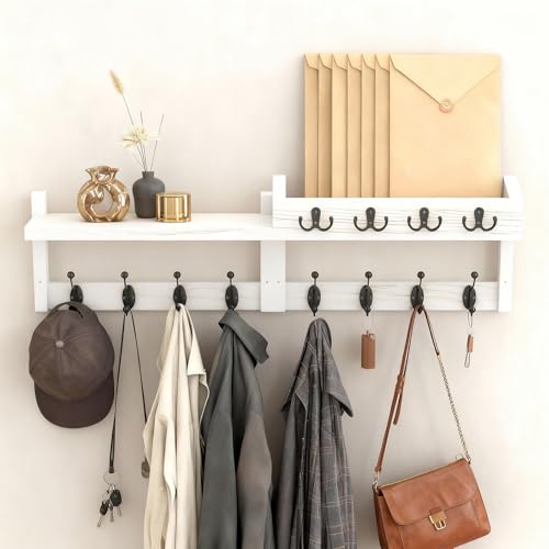 Perchero de pared de madera tipo B01 blanco con colgador para llaves integrado 2