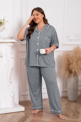 Image of Vozanet Women Plus Size Pajamas Button Down Rayon Softness PJS Classic Sleepwear Short Long Loungewear 2pcs with Pockets