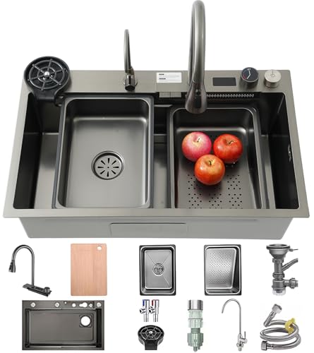 Fregadero cascada de acero inoxidable, 70 x 50 cm, 1 bandeja empotrable, gran espacio de trabajo, con grifo extractor, tabla de cortar y sistema de drenaje. Kit completo para bar doméstico