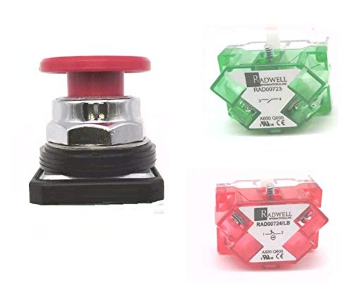 RADWELL RAD-30-MP-01/R-11LB Push Button, 30MM, MOMENTARY, Mushroom Head, RED, 1NO/1NCLB Contact