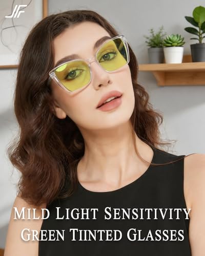 Image of Blue Light Blocking Glasses for Women, Oversized Trendy Cat Eye Computer Gaming Glasses for Migraine, Light Sensitivity, Photophobia & LED Fluorescent Glare RF6204 (Green Lens Clear Frame)