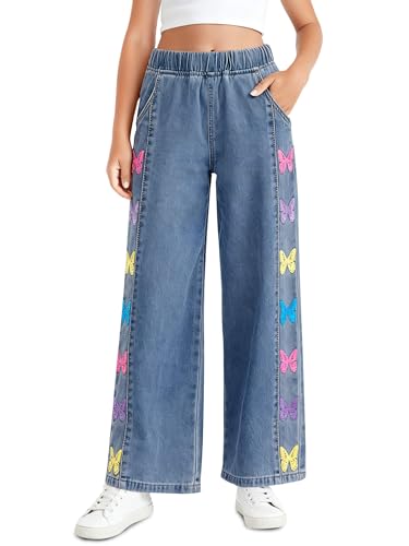 Jeans pour filles en denim imprimé papillon pantalon large 5-14 ans Haloumoning