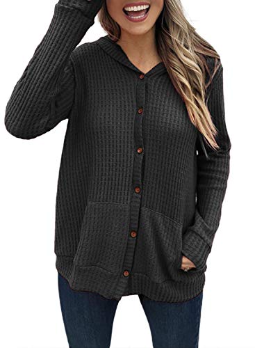 Malaven Women's Casual Stretch Long Sleeve Open Front Hooded Button Down Waffle Knit Cardigans Sweater Coats with Pockets Black XXL 18 20