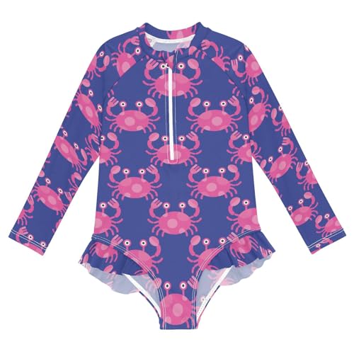 CaTaKu Girls One Piece Swimsuit Cute Pink Crab Bathing Suit Long Sleeve UPF 50+ Rash Guard Swimwear 3-12Y