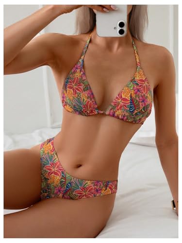 SOLY HUX Women's Triangle Halter Bikini Set Tropical Print Boho Swimsuits Two Piece Bathing Suits3