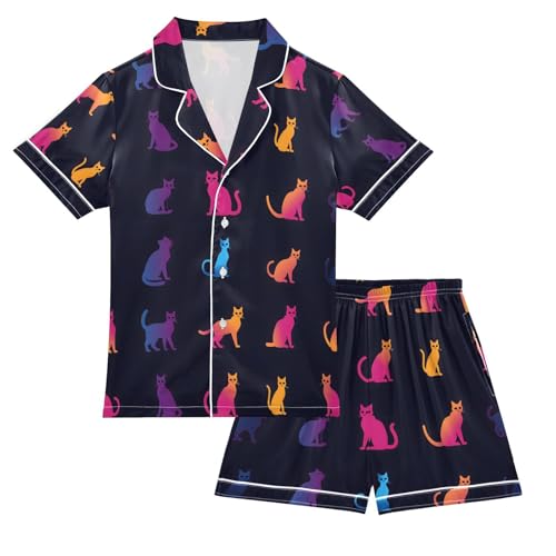 ALAZA Kitten Cat Footprints Dark Pajamas Satin Pajama Set Short Sleeve Button Down Sleepwear