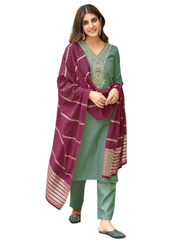 Image of SIRIL Women's Cotton Blend Sequence Embroidery Straight Kurta Pant with Dupatta Set