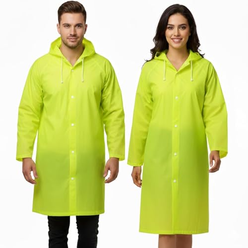 Image of Motopack EVA Waterproof Raincoat for Men & Women with Hood | Unisex Reusable Transparent Universal Rain Wear Lightweight Full Sleeve Poncho with Button Closure for Travel Camping & Hiking (Neon Green)