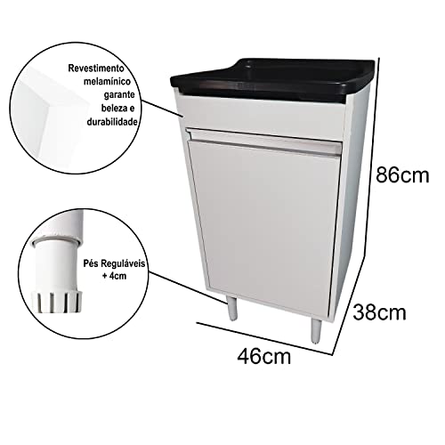 Gabinete 46cm De Lavanderia Com Puxador Perfil e Tanque 22L Cor:Preto