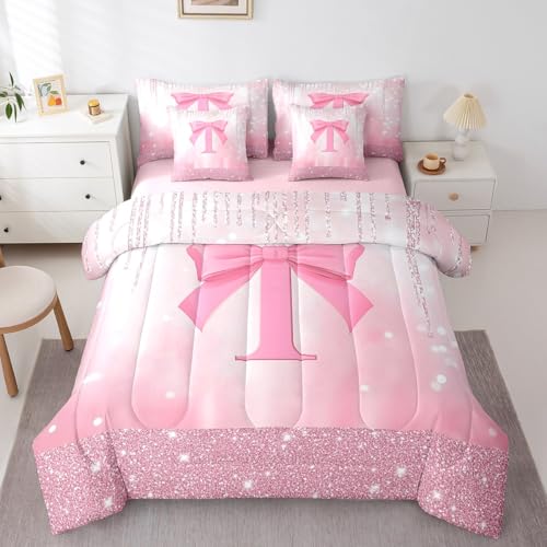 Image of Feelyou Kids Pink Bowknot Comforter Set with Sheets Queen Size, Personalized Initial I Bed in A Bag Princess Glitter 7 Pieces Bedding Set Boys Girls Bow Alphabet Teens Bed Set Bedroom Decor 7Pcs