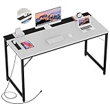 iSunirm 55 Inch Computer Desks with Power Outlets and USB Charging Ports, Modern Office Desk for Small Spaces, Sturdy Laptop PC Gaming Writing Table for Students, White and Black