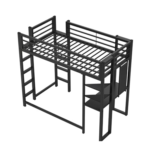 Image of Twin Metal Loft Bed with Desk and Shelves, Space-Saving Frame with Ladder and Full-Length Guardrails, Space-Saving Bed for Bedroom, Black (Mattress Not Included)