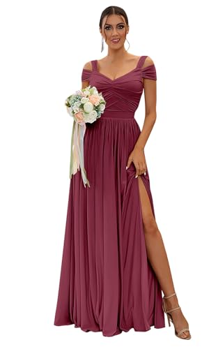 Image of SOLODISH Off The Shoulder Bridesmaid Dresses Long Chiffon Formal Evening Dresses for Women