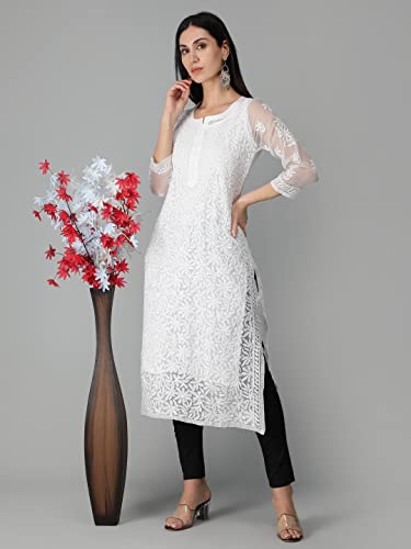 Image of Seva Chikan Hand Embroidered Lucknowi Chikankari Regular Straight Georgette Kurta Kurti for Women with Cotton Inner Slip SCL4254
