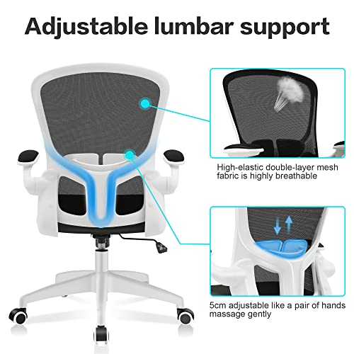 Image of FelixKing Office Desk Chairs, Ergonomic PC Desk Chair with Wheels, Adjustable Lumbar Support and Height, Swivel Computer Chair with Flip-up Armrests, Ergo Mesh Backrest for Working (White)