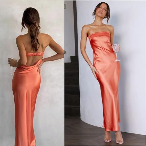 Image of Womens Strapless Satin Maxi Dress Backless Tube Dress | Strapless satin maxi dress with elastic back folded bust backless cut smooth drape and slim tube fit for events