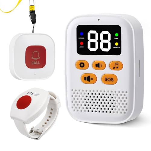 Wireless Personal Alarms for Elderly Panic Button, Rechargeable Caregiver Pager Call Button, Portable Nurse Alert System for Seniors Patients Disabled, Bracelet Button & Digital Display Receiver