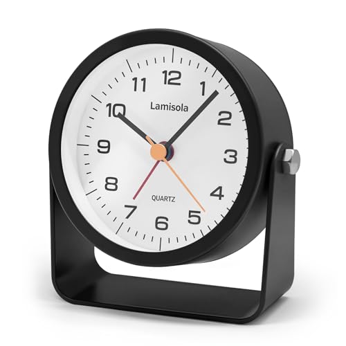 Image of Lamisola 3.5 Inch Small Desk Battery Clock, Black Alarm Clock for Bedroom | Travel Clock for Bathroom Table Shelf Bedside, Cute Metal Vintage Silent Night Light Snooze for Kids Seniors