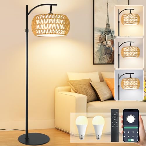 DRAWNCAT Boho Rattan Floor Lamp with Shade – 12W Bright Dimmable LED...