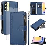 Asuwish Custodia per Samsung Galaxy A25 5G, con pellicola protettiva, scomparto per carte di credito, pieghevole, in pelle, con chiusura lampo, blu scuro