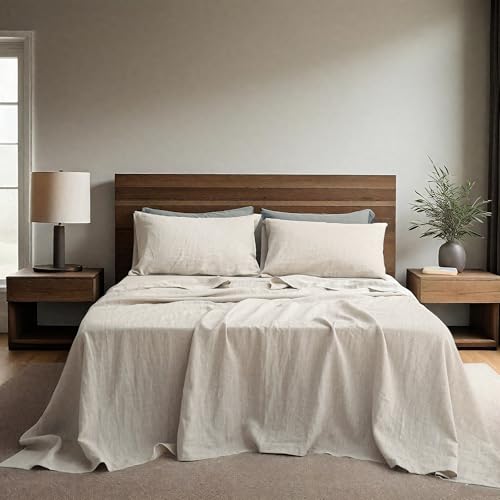Simple&Opulence 100% Linen Sheets Queen Size Set, 4 Pcs Natural French Linen Bed Sheets, Breathable Soft Durable Bedding Set for All Season (Linen, Queen)