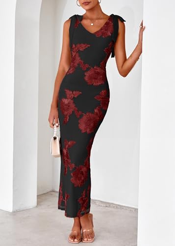 Lazysmile Womens Floral Embroidered Maxi Dress Sleeveless V Neck Tie Strap Ribbon Flower Mesh Party Cocktail Dresses — view 5