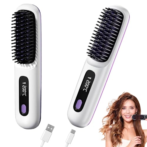 Go Brush Pro - Cepillo alisador de cabello inalámbrico, 2 en 1 para alisar y rizar, peine alisador de pelo portátil y recargable, batería de iones negativos de 4000 mAh