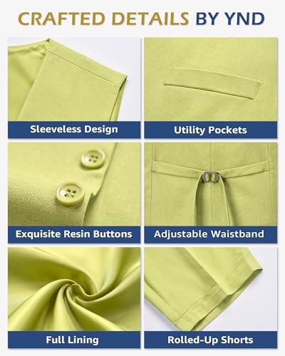 YND 2-Piece Men’s Linen Waistcoat Shorts, Lightweight Vest Pants, Casual Wedding Beach Summer Prom Homecoming Outfit3
