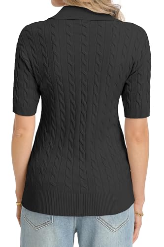 Image of QUALFORT Cable Knit Women's Short Sleeve Sweater Soft V Neck Polo Tops