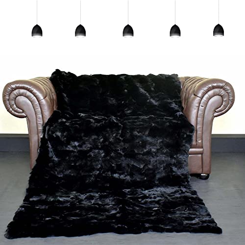 Real Rex Rabbit Fur Blanket Soft Black Fur Throw Fuzzy Warm Thick Pelt Throw Blanket Luxury Plush Skin Rug Leather Decorative Blanket For Sofa Couch Bed Living Room 55X78.7In #TOP3