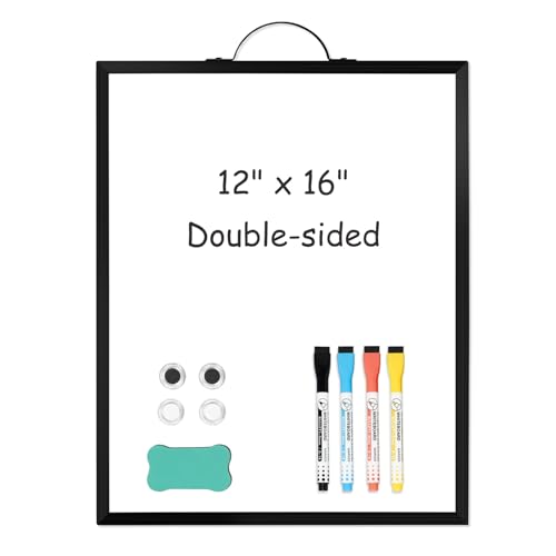 Magnetic White Board Dry Erase Board, 12" x 16" Double-Sided Black White Board Portable Whiteboard with Handle, Hanging Erasable Small White Board for Wall, Office, Home, Kitchen, School