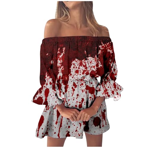 Disfraces de Halloween para mujer, vestido adelgazante con un hombro descubierto, manga pétalo, estampado sangriento (2), gris, S
