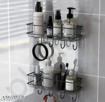 (PACK OF 2) Steel Self-Adhesive Multipurpose Bathroom Shelf with Hooks/Towel Holder/Rack/Bathroom Accessories-Wall Mount - Pack|Design - for home and kitchen 1