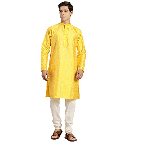 Image of SOJANYA, Men's Silk Blend NavyBlue Kurta with Multi Color Embroidery and Off-White Pyjama