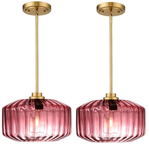Image of 2-Pack Flush Mount Pendant Light Fixtures Gold Dining Room Light Fixtures with Seeded Purple Glass Shade, 11.02 Inch Industrial Pendant Lamps for Kitchen Island Bar Study Room