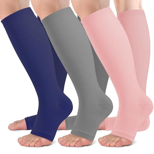 Image of bropite 3 Pairs Open Toe Compression Socks for Women, Support for Travel | Graduated 15-20 mmHg compression circulation,reduces swelling.3 pairs open toe design for travel,nurses,pregnancy comfort