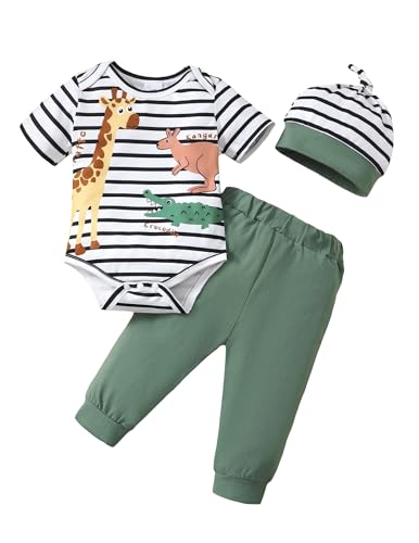 SUNNY PIGGY 3-6 Months Boy Clothes Baby Boys Outfits Spring Summer Infant Romper Striped 3Pcs Green Fall Short Sleeve Set Cute Hat Fashion Bodysuit Clothing Set