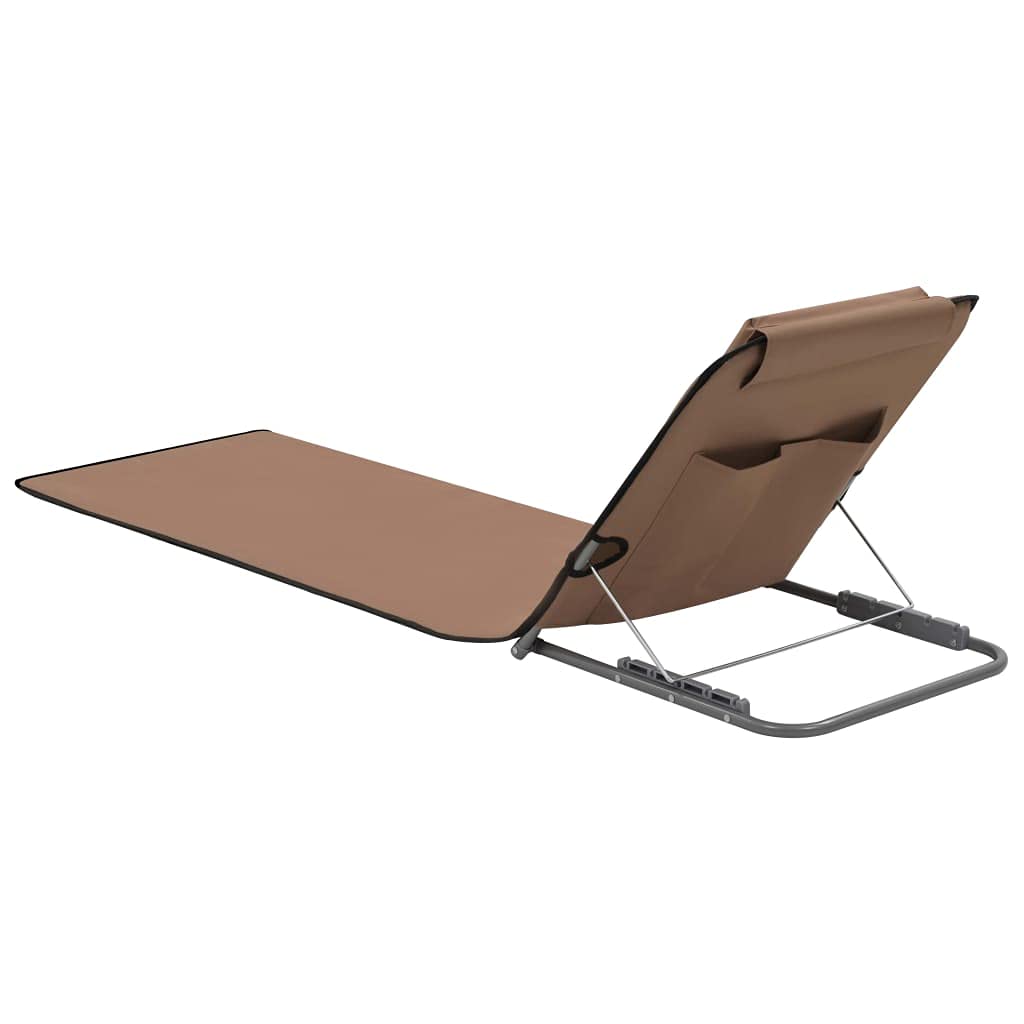 Set di 2 stuoie da spiaggia pieghevoli con schienale, sdraio da spiaggia in acciaio e tessuto, tappetino da campeggio regolabile con poggiatesta e vano portaoggetti, 160 x 53 cm, marrone