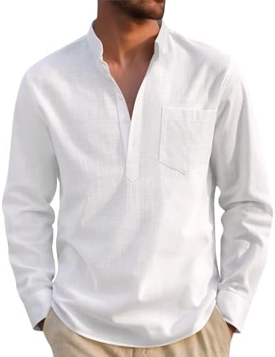 J.VER Leinenhemd Herren Langarm Baumwolle Henley Regular Fit Freizeithemd | mit Brusttasche, Sommerhemd, Atmungsaktiv, Comfort, Leicht, Strand, Outdoor, Urlaub, Büro, Beach, Party,