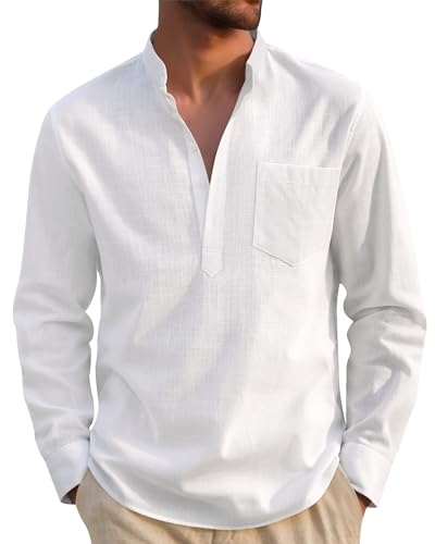J.VER White Linen Shirts Men Long Sleeve Regular Fit Casual Summer Beach Cotton Henley Shirt with Pocket XL