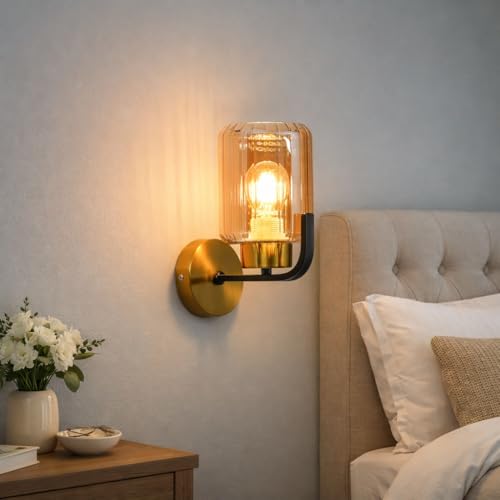 Image of Luxury Brass Finish Ribbed Glass Design Decorative Wall Lamp Sconce for Bedroom, Living Room, Hotel, Corridor, Cafe, Restaurant, Hallway,Balcony, Showroom